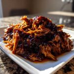 A close-up of shredded Slow Cooker Honey Garlic Pulled Pork piled high on a white rectangular plate.