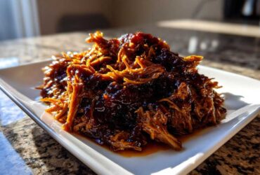 A close-up of shredded Slow Cooker Honey Garlic Pulled Pork piled high on a white rectangular plate.