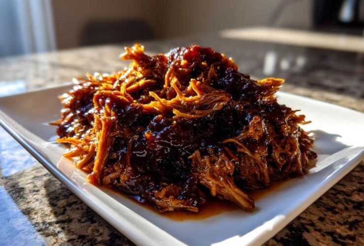 A close-up of shredded Slow Cooker Honey Garlic Pulled Pork piled high on a white rectangular plate.