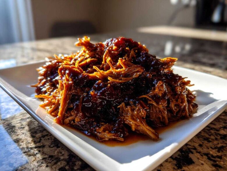 A close-up of shredded Slow Cooker Honey Garlic Pulled Pork piled high on a white rectangular plate.
