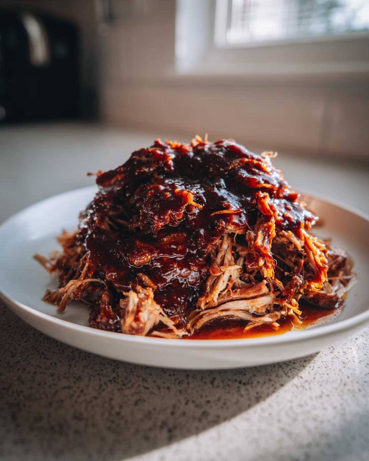 A generous serving of saucy Slow Cooker Honey Garlic Pulled Pork piled high on a white plate.