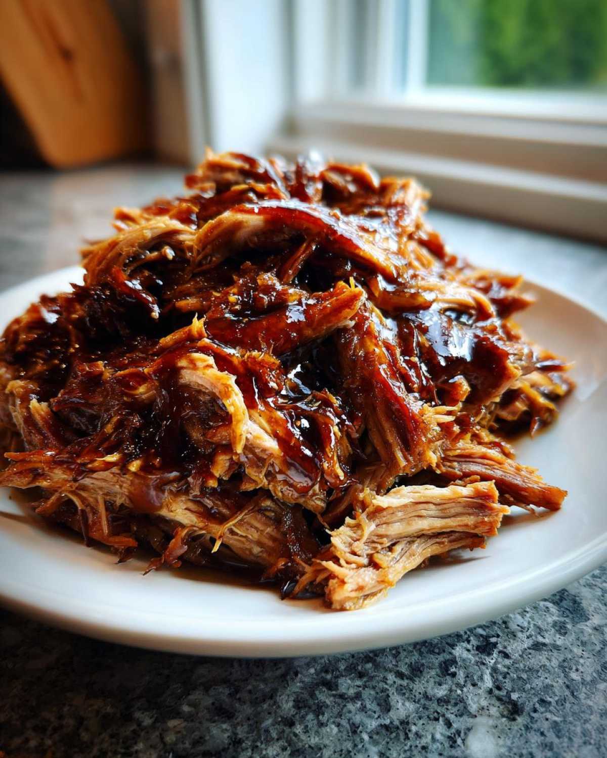 Close-up of shredded Slow Cooker Honey Garlic Pulled Pork piled high on a white plate, glistening with sauce.