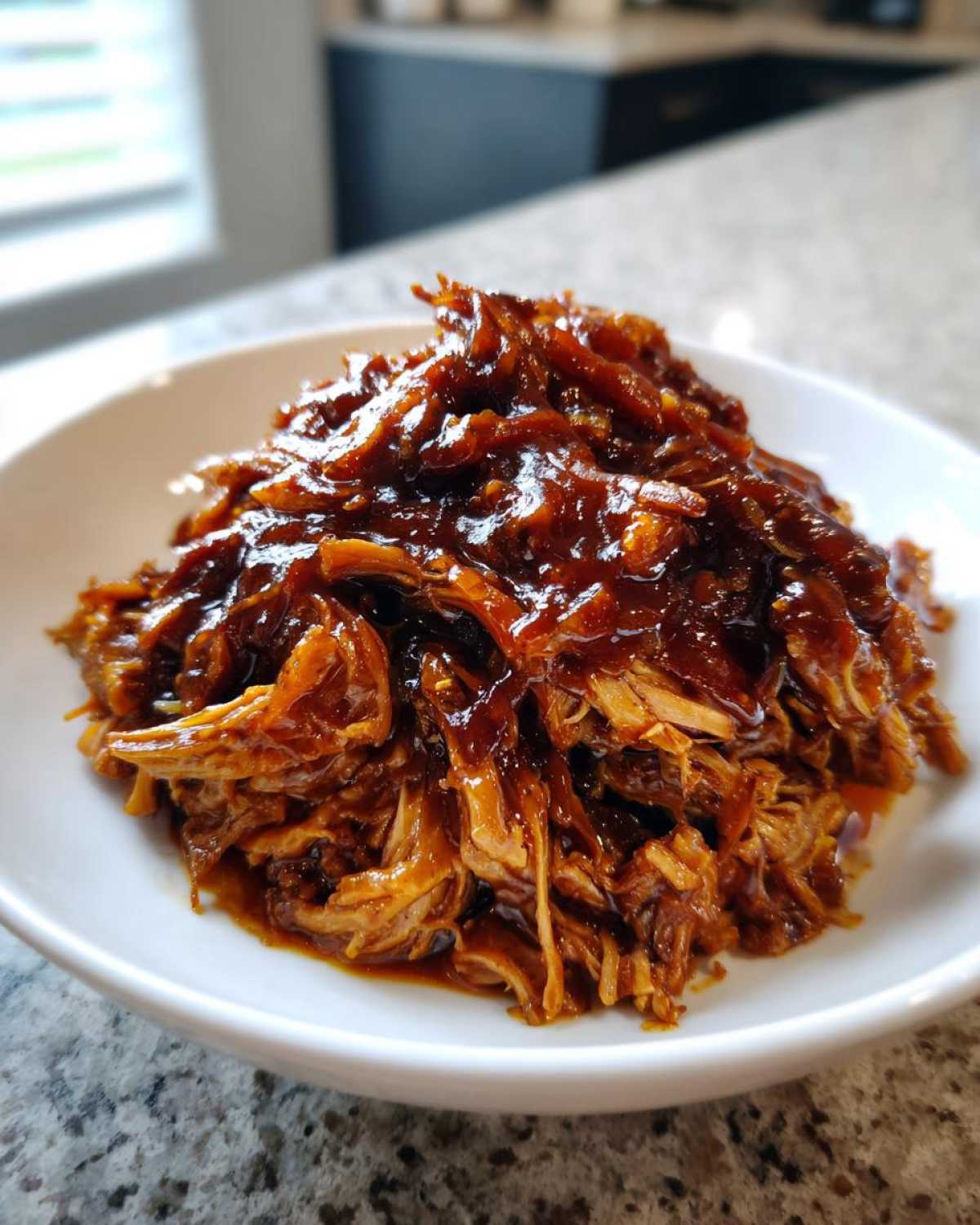 A close-up of shredded Slow Cooker Honey Garlic Pulled Pork coated in a thick, glossy sauce in a white bowl.
