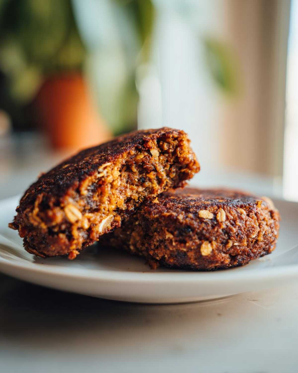 Close-up of a Smoky Black Bean Burger Patty cut in half, showing texture and oats, resting on a white plate.