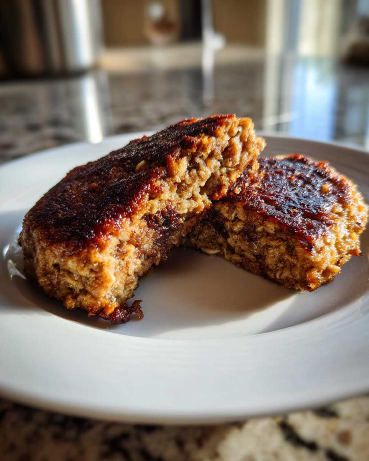 Close-up of a Smoky Black Bean Burger Patty cut in half showing its texture and caramelized exterior.