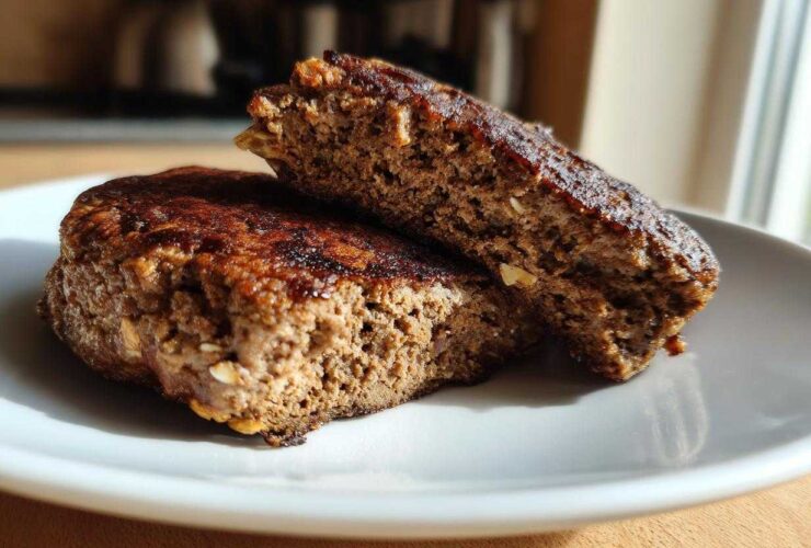 Close-up of a Smoky Black Bean Burger Patty cut in half, showing the moist, textured interior.