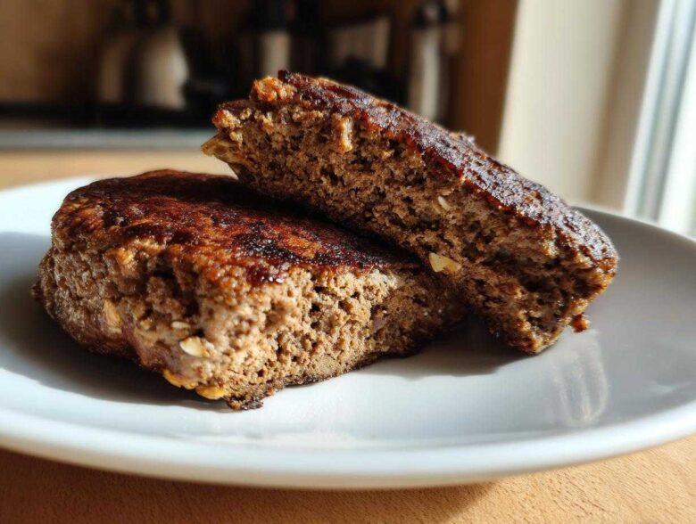 Close-up of a Smoky Black Bean Burger Patty cut in half, showing the moist, textured interior.