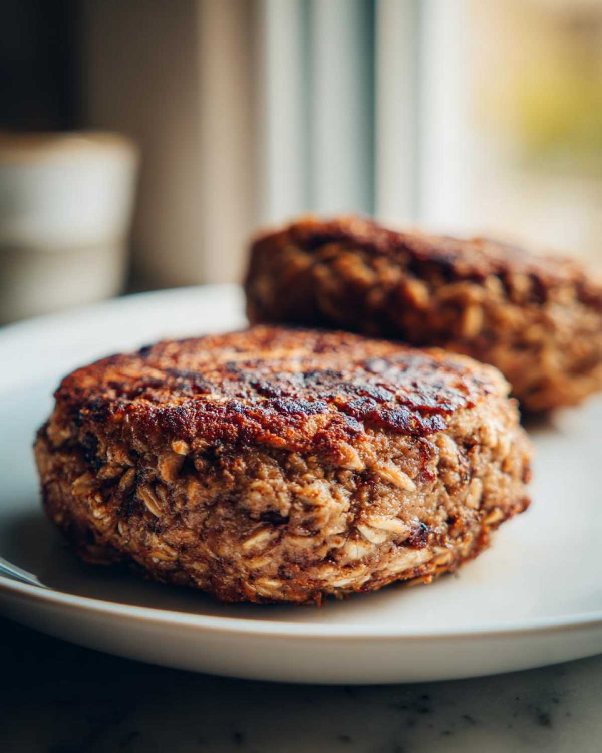 Close-up of a perfectly seared Smoky Black Bean Burger Patty showing texture and oats.