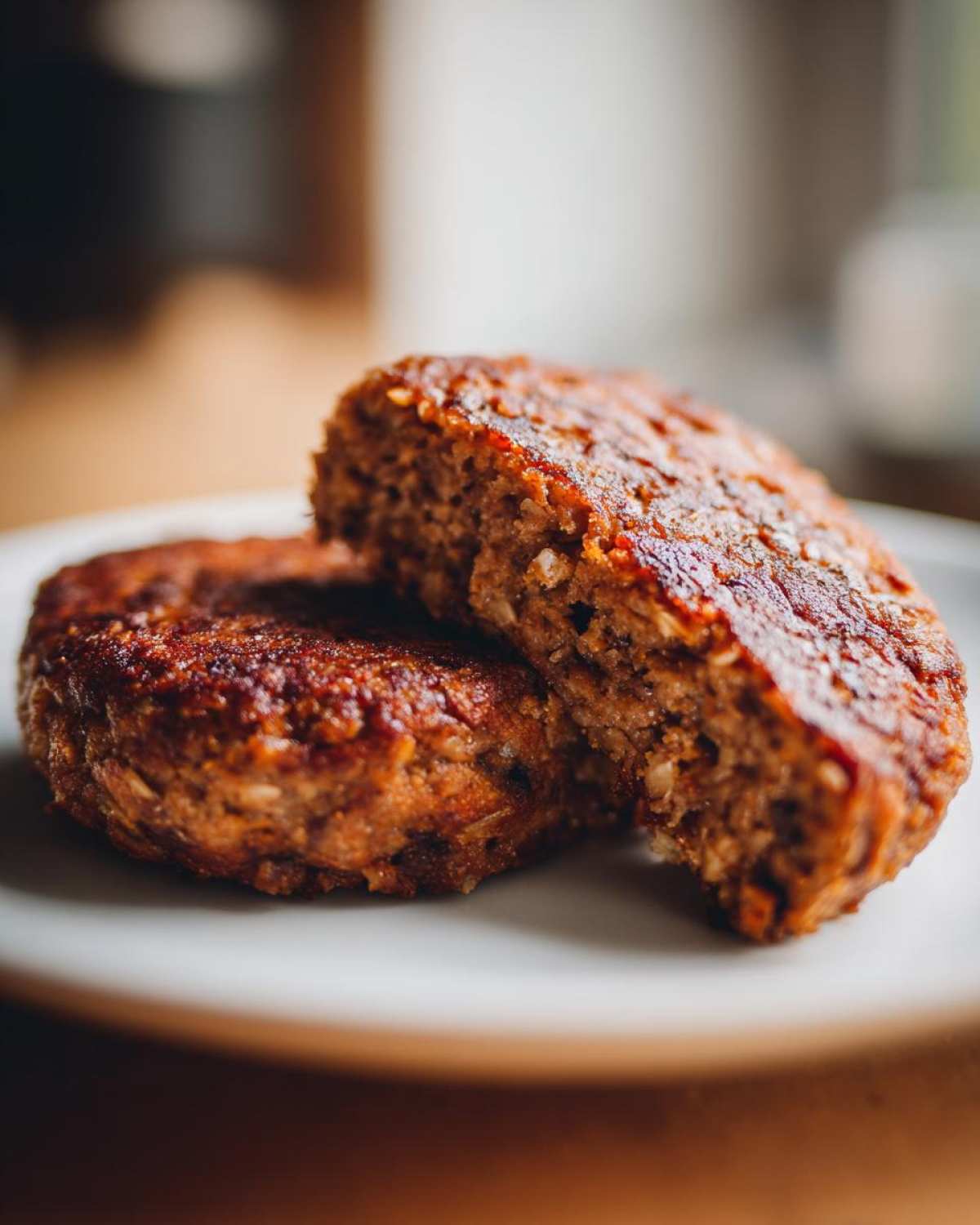 Two cooked Smoky Black Bean Burger Patties stacked, showing a rich, browned exterior and textured interior.