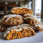A stack of Soft-Baked Carrot Cake Cookies with Cream Cheese Glaze, showing visible shredded carrots inside.