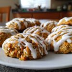 A close-up of several Soft-Baked Carrot Cake Cookies with Cream Cheese Glaze drizzled on top, served on a white plate.