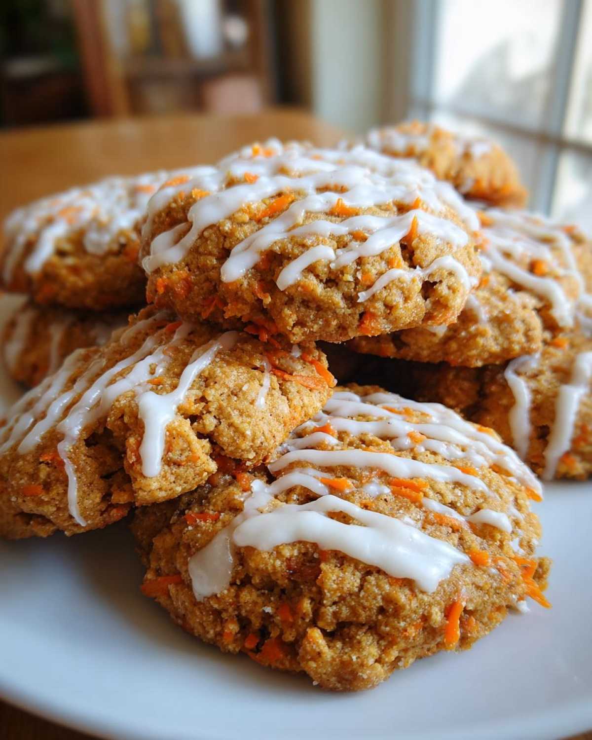 A close-up stack of Soft-Baked Carrot Cake Cookies topped with a drizzle of white cream cheese glaze.