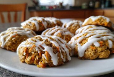 A close-up of several Soft-Baked Carrot Cake Cookies with Cream Cheese Glaze drizzled on top, served on a white plate.