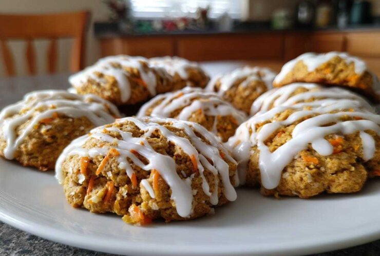 A close-up of several Soft-Baked Carrot Cake Cookies with Cream Cheese Glaze drizzled on top, served on a white plate.