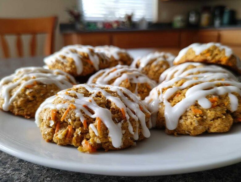 A close-up of several Soft-Baked Carrot Cake Cookies with Cream Cheese Glaze drizzled on top, served on a white plate.