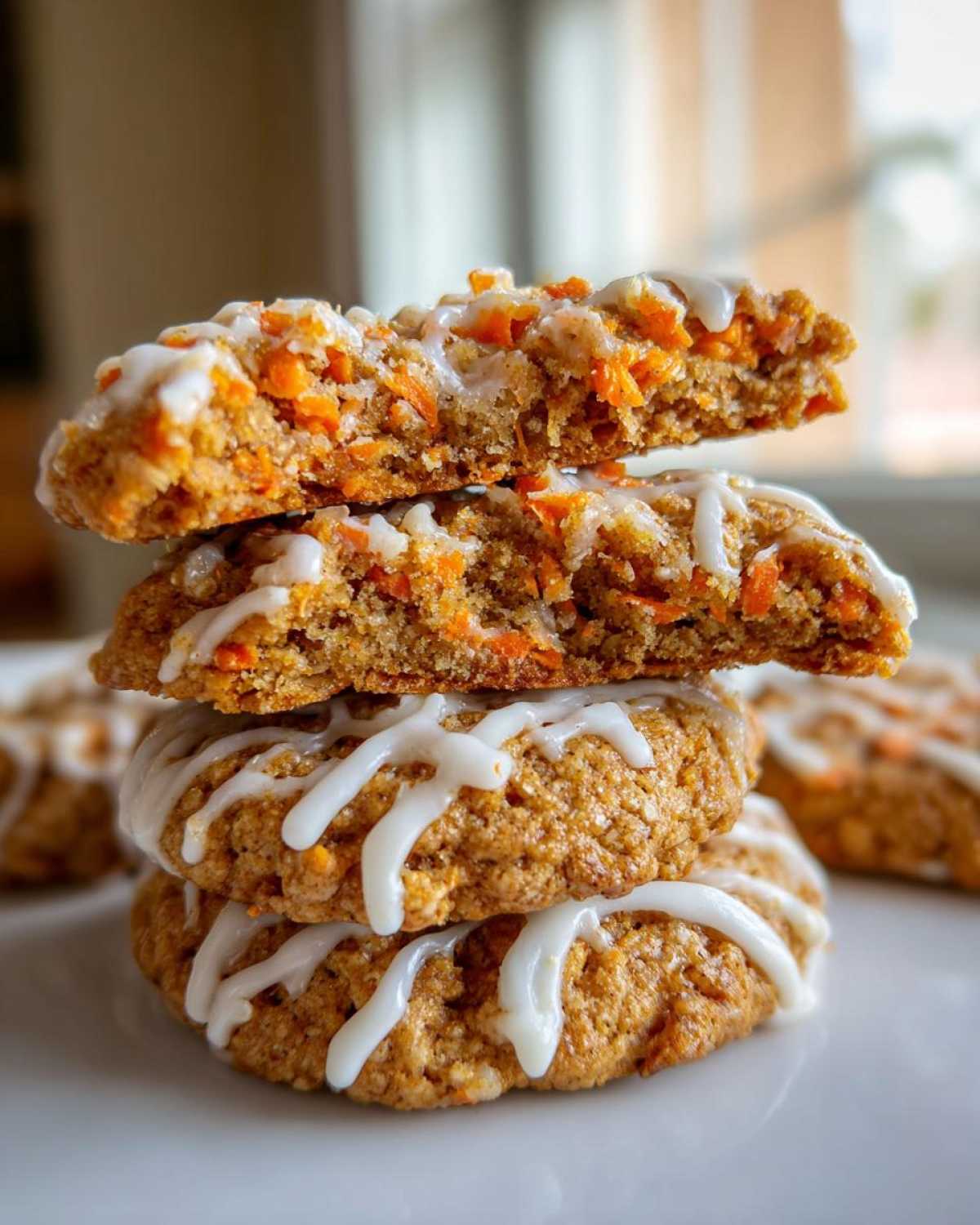 A stack of three Soft-Baked Carrot Cake Cookies topped with a drizzle of cream cheese glaze, one cookie broken open.