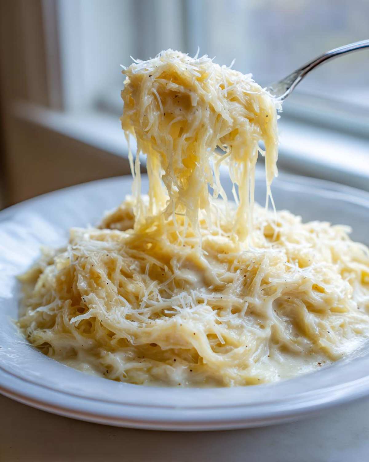 A fork lifts strands of creamy Spaghetti Squash Alfredo topped with grated Parmesan cheese from a white bowl.