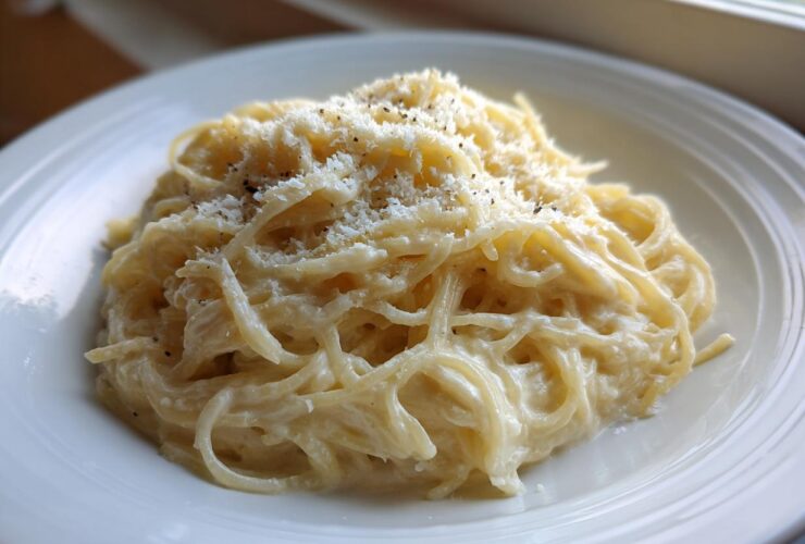A close-up of creamy Spaghetti Squash Alfredo topped with grated Parmesan cheese and black pepper.