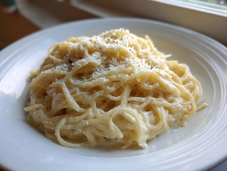 A close-up of creamy Spaghetti Squash Alfredo topped with grated Parmesan cheese and black pepper.