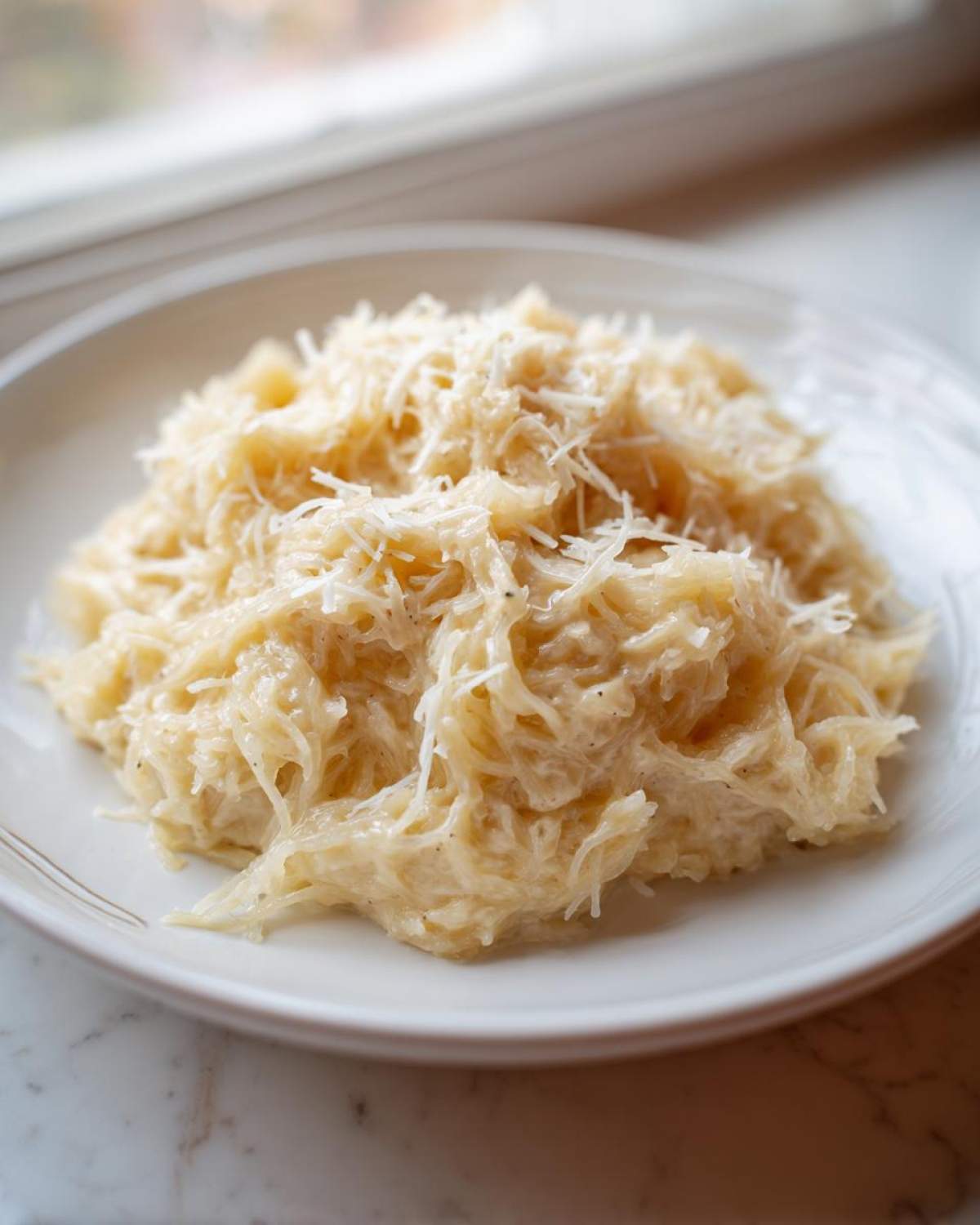 A close-up of a serving of creamy Spaghetti Squash Alfredo topped generously with shredded Parmesan cheese on a white plate.