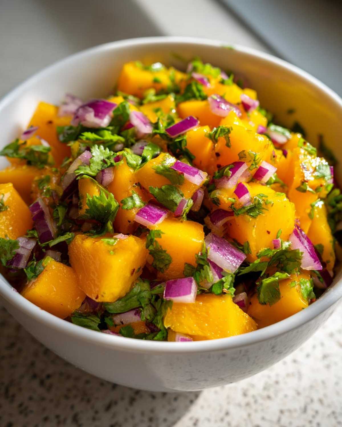 Close-up of vibrant Spicy Mango Salsa featuring diced yellow mango, red onion, and cilantro in a white bowl.