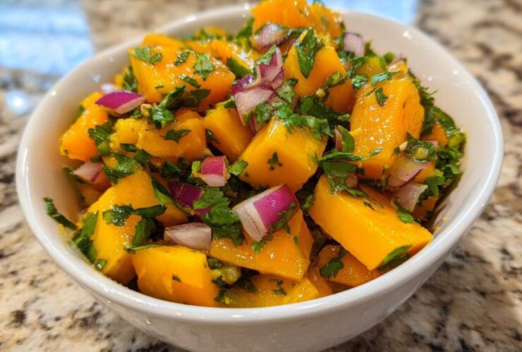 Close-up of vibrant Spicy Mango Salsa featuring diced mango, red onion, and cilantro in a white bowl.