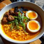 Close-up of Spicy Miso Ramen with noodles, rich broth, seared meat, and two halves of soft-boiled eggs.