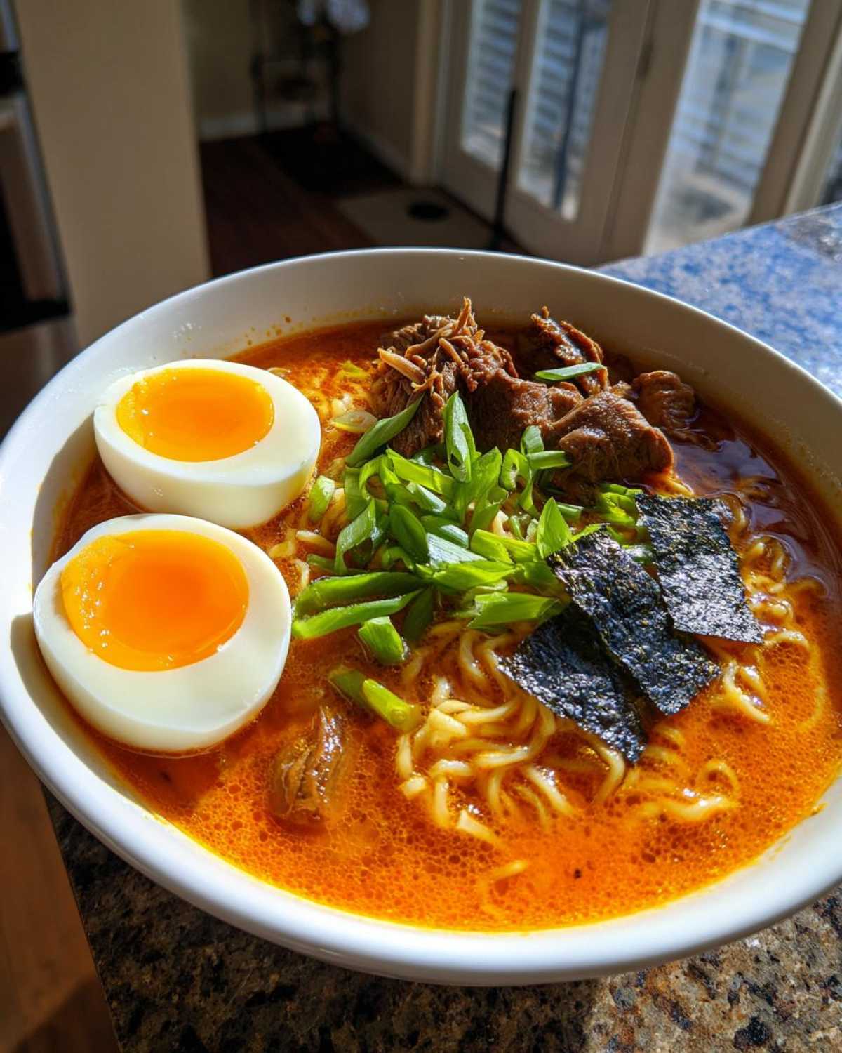 Close-up of a bowl of Spicy Miso Ramen featuring rich orange broth, noodles, shredded meat, and two halved soft-boiled eggs.