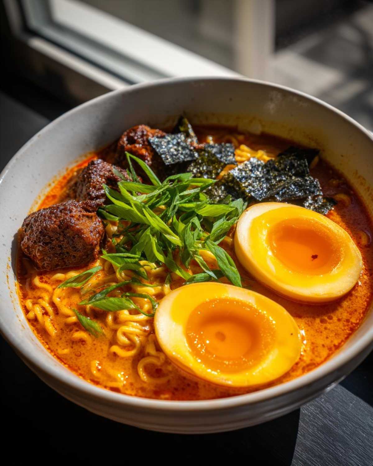Close-up of Spicy Miso Ramen featuring wavy noodles, rich broth, two halves of a soft-boiled egg, and green onions.