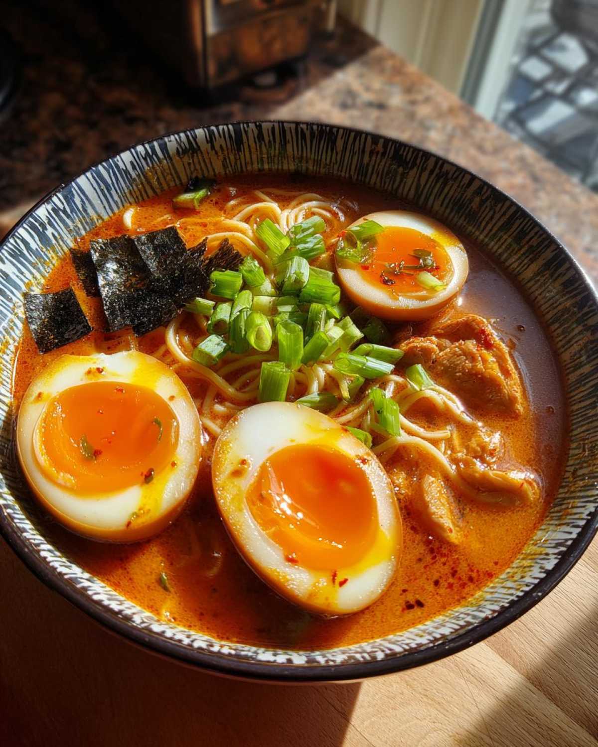 A bowl of Spicy Miso Ramen featuring noodles, rich broth, three halves of soft-boiled eggs, and green onions.