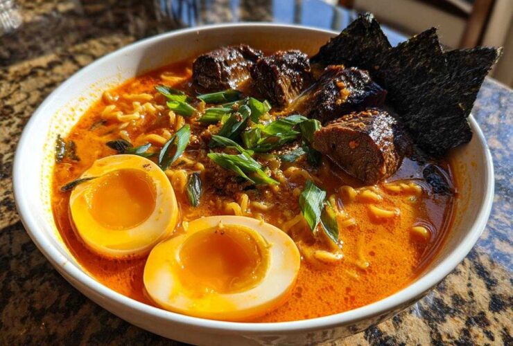 A vibrant bowl of Spicy Miso Ramen featuring rich orange broth, soft-boiled eggs cut in half, beef chunks, and nori.