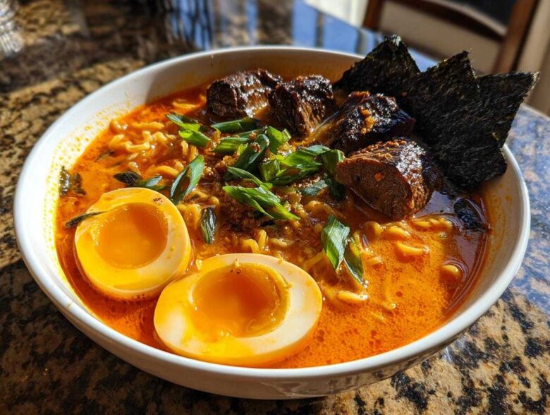 A vibrant bowl of Spicy Miso Ramen featuring rich orange broth, soft-boiled eggs cut in half, beef chunks, and nori.