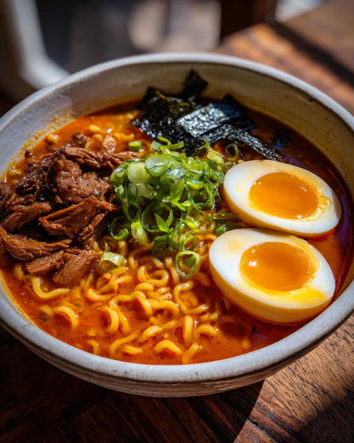 Close-up of Spicy Miso Ramen with wavy noodles, rich broth, shredded beef, and two soft-boiled eggs.