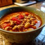 Close-up of a hearty bowl of Spicy Turkey White Bean Chili featuring ground turkey, white beans, and red peppers in a rich broth.