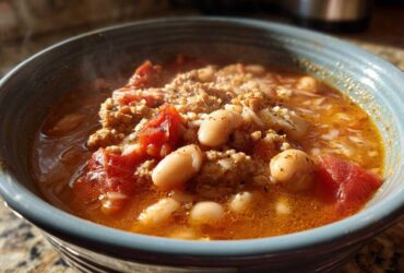 Close-up of a steaming bowl of Spicy Turkey White Bean Chili with ground turkey, white beans, and diced tomatoes.