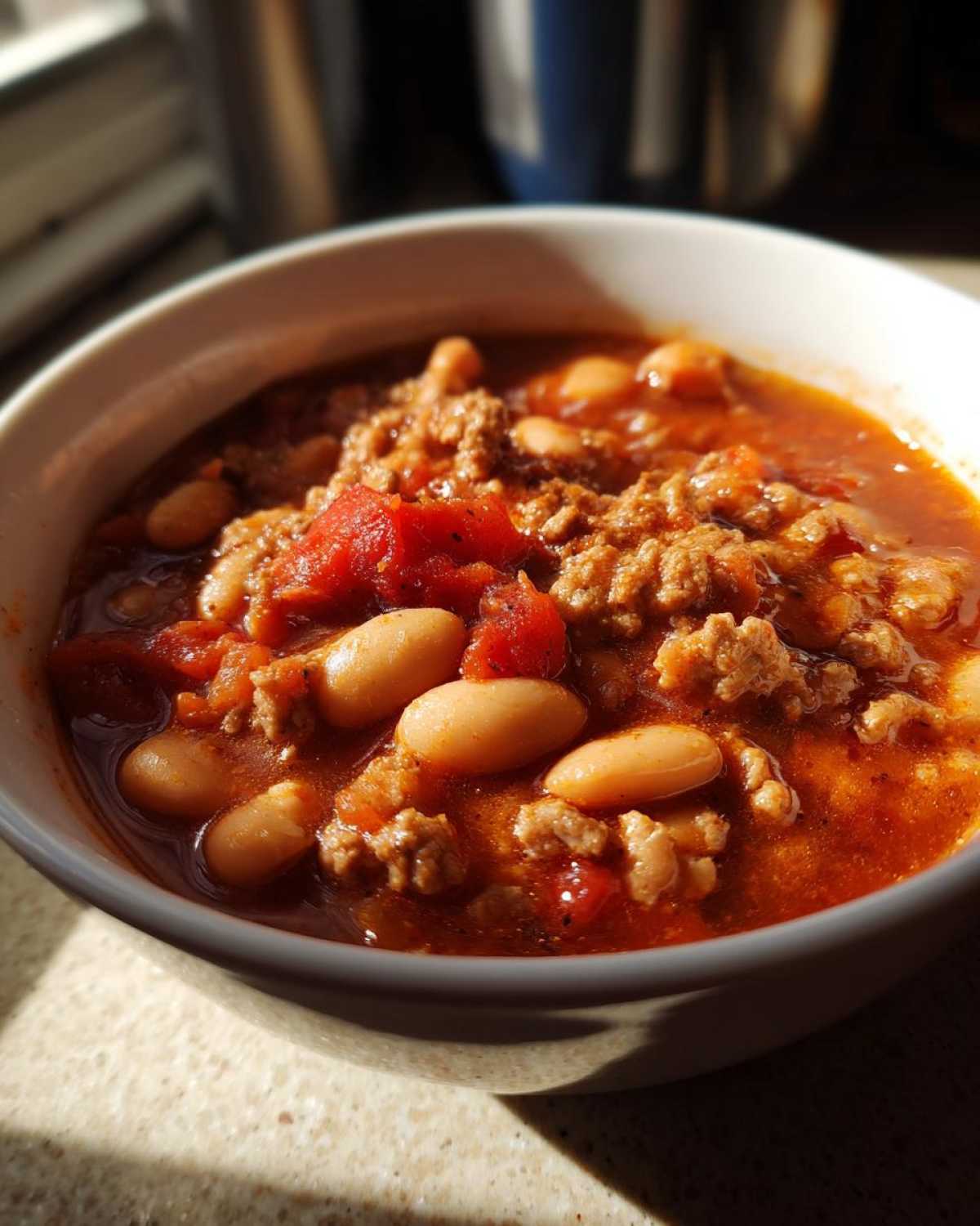A close-up view of a bowl filled with rich, red Spicy Turkey White Bean Chili featuring ground turkey and white beans.