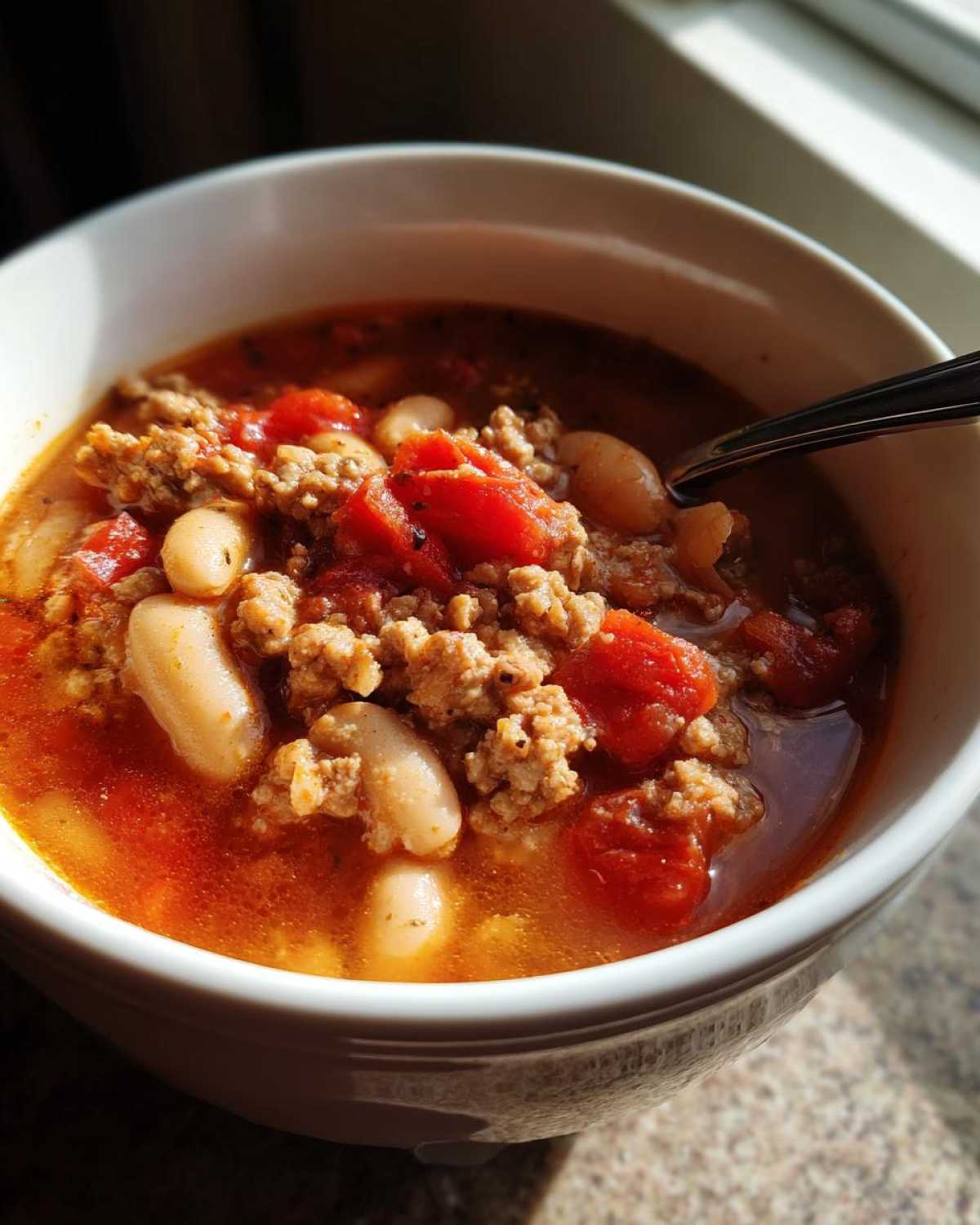 Close-up of a white bowl filled with Spicy Turkey White Bean Chili featuring ground turkey, white beans, and diced tomatoes.