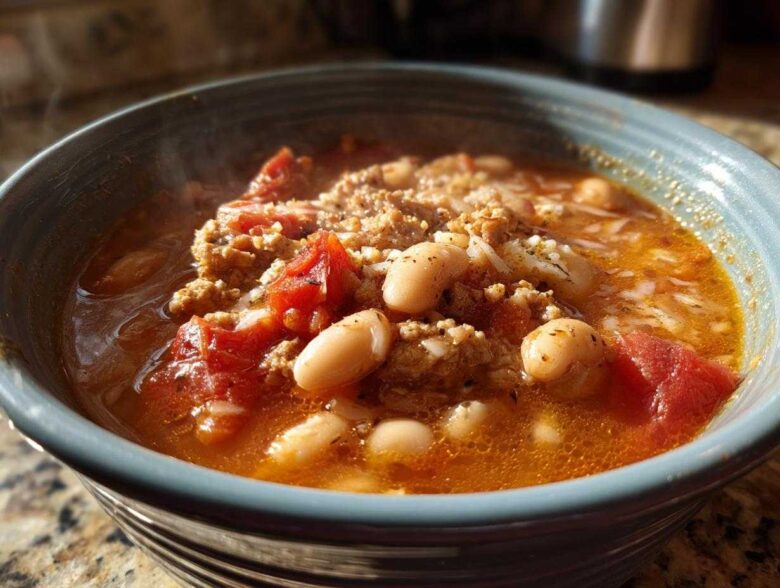 Close-up of a steaming bowl of Spicy Turkey White Bean Chili with ground turkey, white beans, and diced tomatoes.