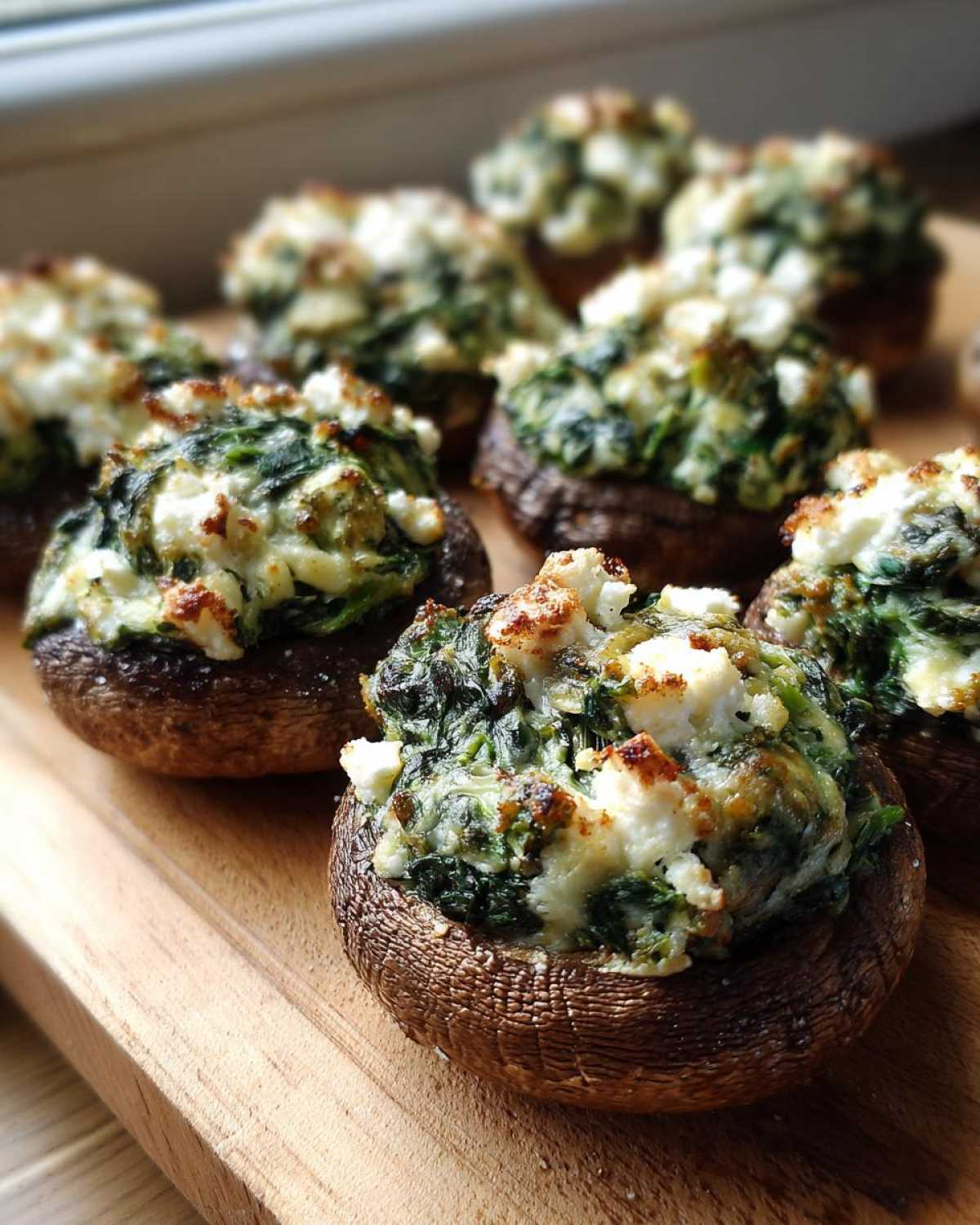 Several baked Spinach and Feta Stuffed Mushrooms topped with browned feta cheese on a wooden board.
