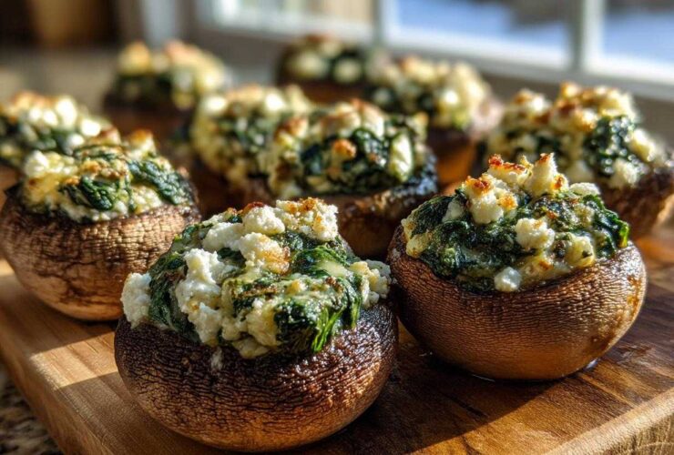 Close-up of baked Spinach and Feta Stuffed Mushrooms with browned tops on a wooden board.