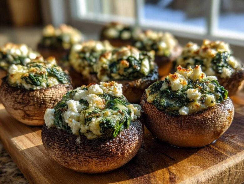 Close-up of baked Spinach and Feta Stuffed Mushrooms with browned tops on a wooden board.