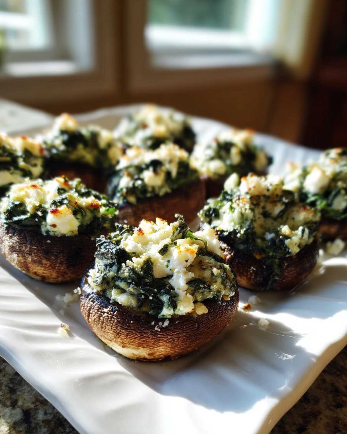 A close-up of baked Spinach and Feta Stuffed Mushrooms served on a white platter.