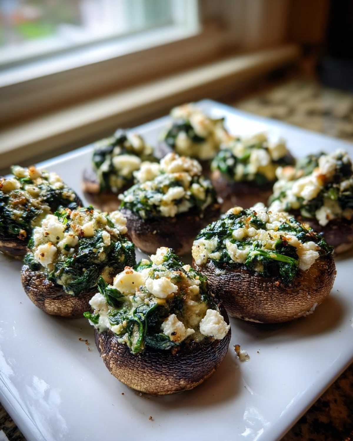 A white platter holding several baked Spinach and Feta Stuffed Mushrooms, topped with crumbled white cheese.