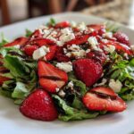 Close-up of a vibrant Spring Mix Salad with Strawberries and Goat Cheese, drizzled with balsamic glaze.