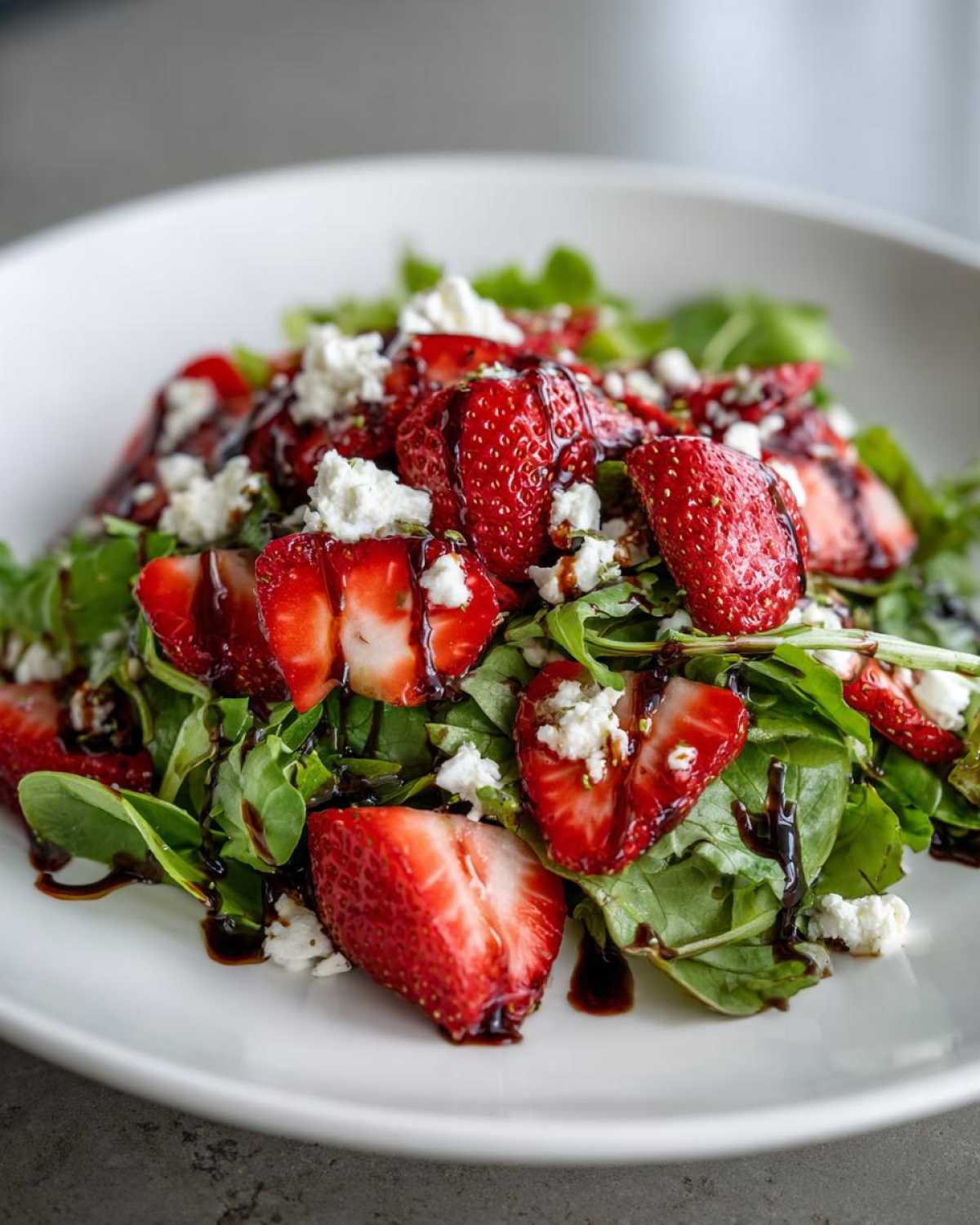 Close-up of a vibrant Spring Mix Salad with Strawberries and Goat Cheese, drizzled with balsamic glaze.