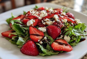 Close-up of a vibrant Spring Mix Salad with Strawberries and Goat Cheese, drizzled with balsamic glaze.