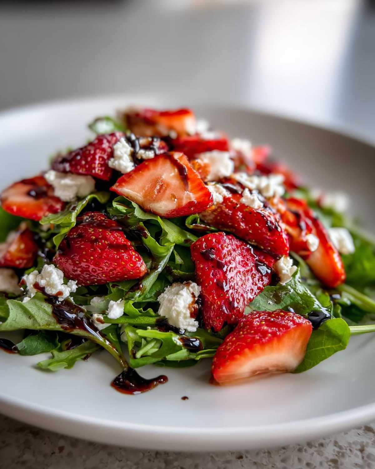 Close-up of a Spring Mix Salad with Strawberries and Goat Cheese drizzled with balsamic glaze.