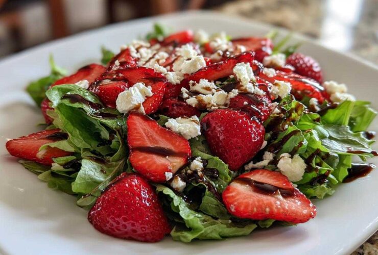 Close-up of a vibrant Spring Mix Salad with Strawberries and Goat Cheese, drizzled with balsamic glaze.