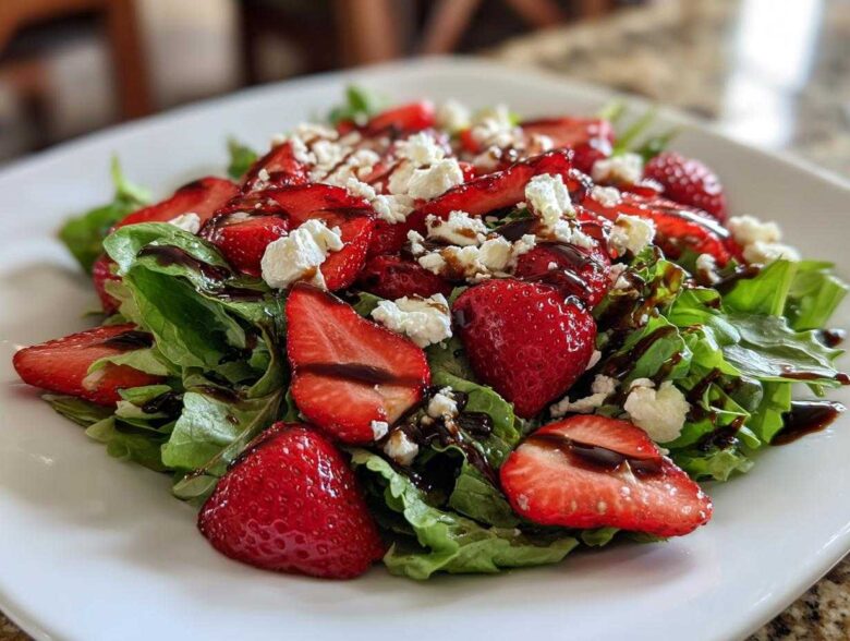 Close-up of a vibrant Spring Mix Salad with Strawberries and Goat Cheese, drizzled with balsamic glaze.