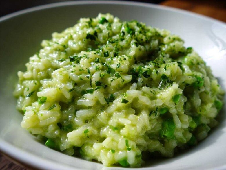 Close-up of creamy Spring Pea and Mint Risotto topped with chopped fresh herbs.